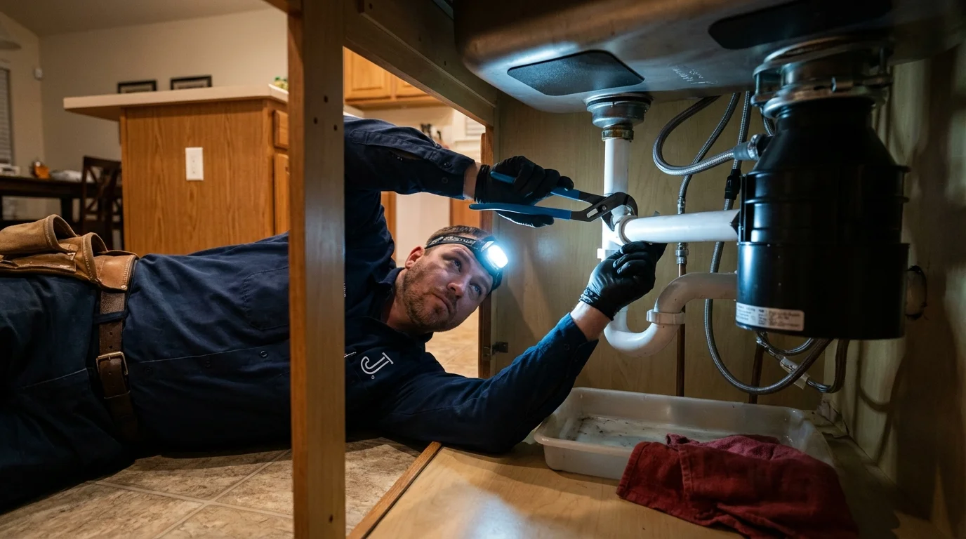 P-trap and supply line connections under a kitchen sink showing a common leak point in Camarillo, CA